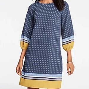 Ann Taylor Navy Printed Shift Dress with Mustard Trim